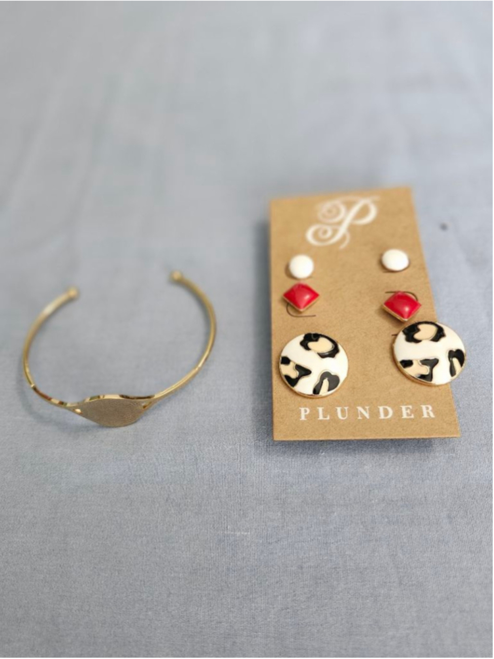 Women's Plunder Gold Tone Cuff Bracelet & Leopard Print Stud Earrings